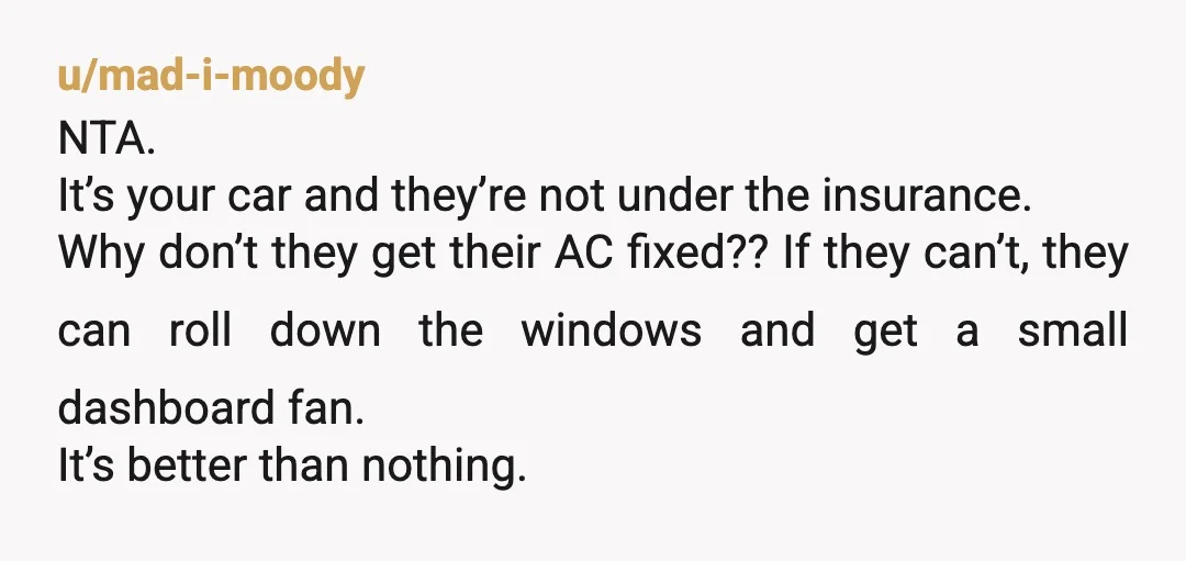 u/mad-i-moody NTA. It’s your car and they’re not under the insurance. Why don’t they get their AC fixed?? If they can’t, they can roll down the windows and get a...