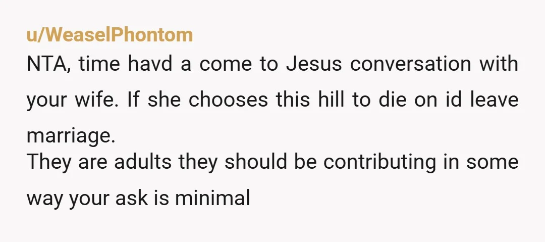 u/WeaselPhontom NTA, time havd a come to Jesus conversation with your wife.  If she chooses this hill to die on id leave marriage. They are adults they should be contributing...
