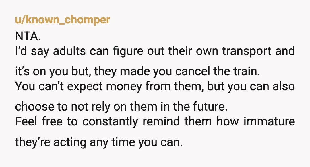 u/funkycookies NTA. I can't imagine going on holiday while my child (regardless of age) is having a medical procedure. Much less when I've volunteered to give them a ride and...