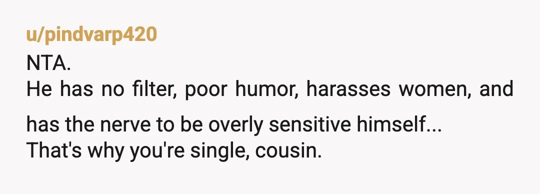 u/pindvarp420
NTA.
He has no filter, poor humor, harasses women, and has the nerve to be overly sensitive himself...
That's why you're single, cousin.