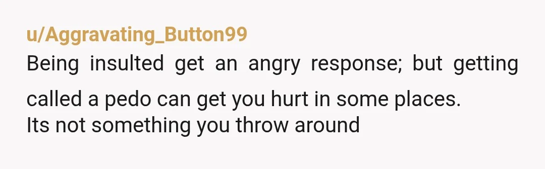 u/angel9_writes ESH Slurs are slurs. There is no joking. You are being an ass. Period. Pedo should not be a catch all insult. It gets thrown around so often that's...