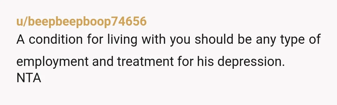 u/beepbeepboop74656
A condition for living with you should be any type of employment and treatment for his depression.
NTA