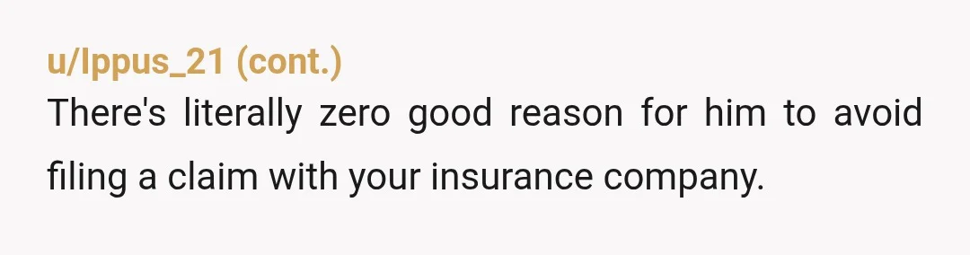u/Suspicious-Grand9781 Nta. You've already set up the claim. I'm guessing he doesn't have a license or isn't insured. Also, he can always come back and say he is injured. Accident...