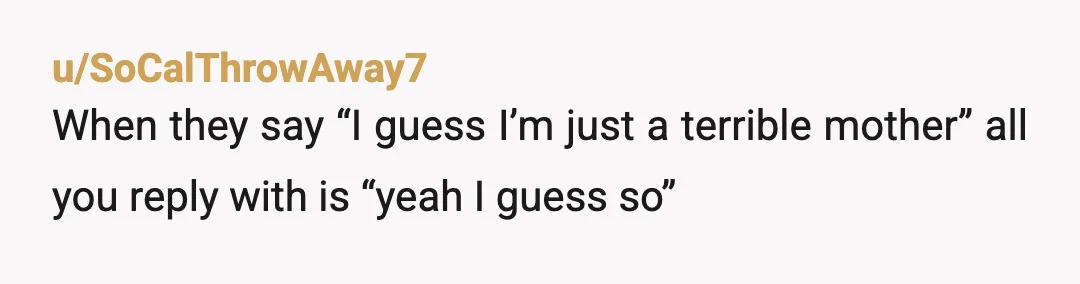 u/KoolaidKoll123 NTA and next time she pulls that "guess I was a terrible mother" line you look her in the face and say, yes you were and I have no...