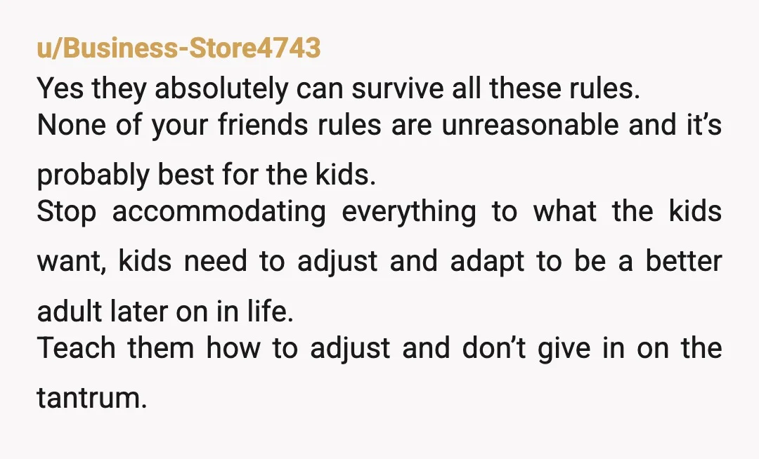u/Business-Store4743 Yes they absolutely can survive all these rules. None of your friends rules are unreasonable and it’s probably best for the kids. Stop accommodating everything to what the kids...