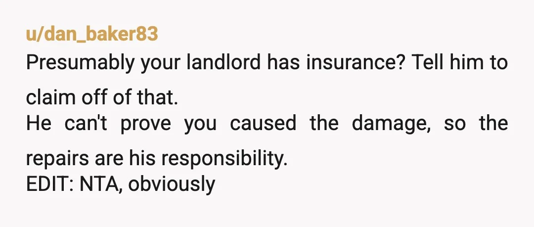 u/dan_baker83
Presumably your landlord has insurance? Tell him to claim off of that.
He can't prove you caused the damage, so the repairs are his responsibility.
EDIT: NTA, obviously