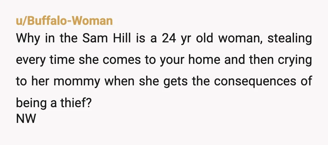 u/Buffalo-Woman Why in the Sam Hill is a 24 yr old woman, stealing every time she comes to your home and then crying to her mommy when she gets the...
