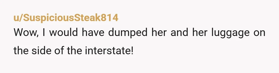 u/SuspiciousSteak814
Wow, I would have dumped her and her luggage on the side of the interstate!