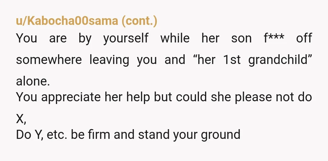 u/dstluke NTA - where's your bf? Why isn't daddy there helping you? Why is he on vacation and not helping you recover and running interference with his mother? Second, your...