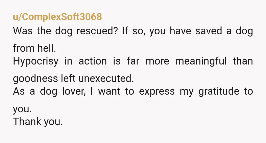 u/ComplexSoft3068 Was the dog rescued? If so, you have saved a dog from hell. Hypocrisy in action is far more meaningful than goodness left unexecuted. As a dog lover, I...
