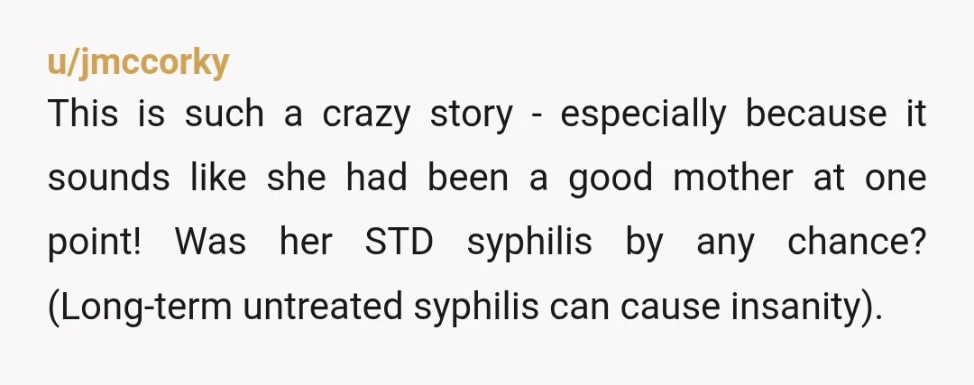u/jmccorky This is such a crazy story - especially because it sounds like she had been a good mother at one point! Was her STD syphilis by any chance? (Long-term...