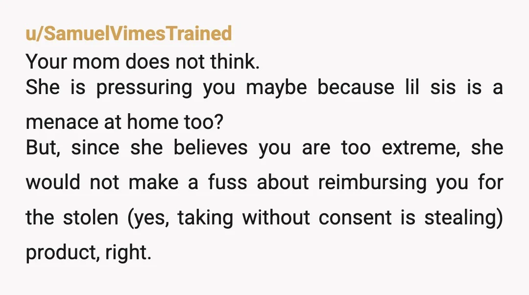u/SamuelVimesTrained Your mom does not think. She is pressuring you maybe because lil sis is a menace at home too? But, since she believes you are too extreme, she would...