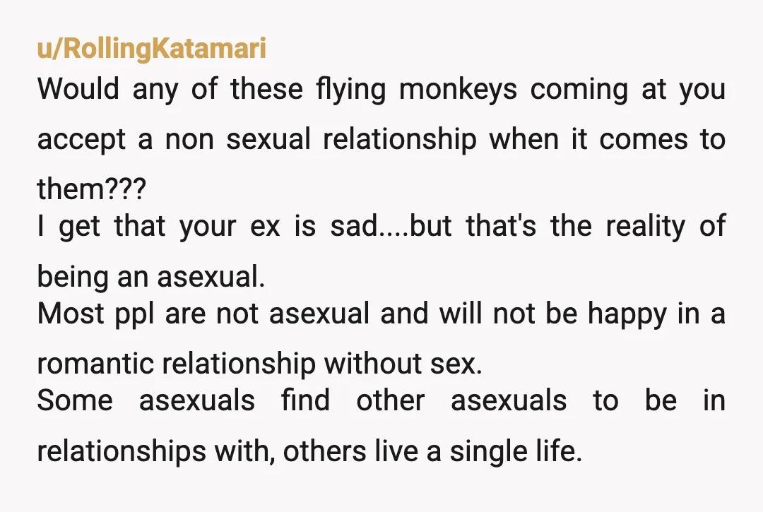 u/RollingKatamari Would any of these flying monkeys coming at you accept a non sexual relationship when it comes to them??? I get that your ex is sad....but that's the reality...