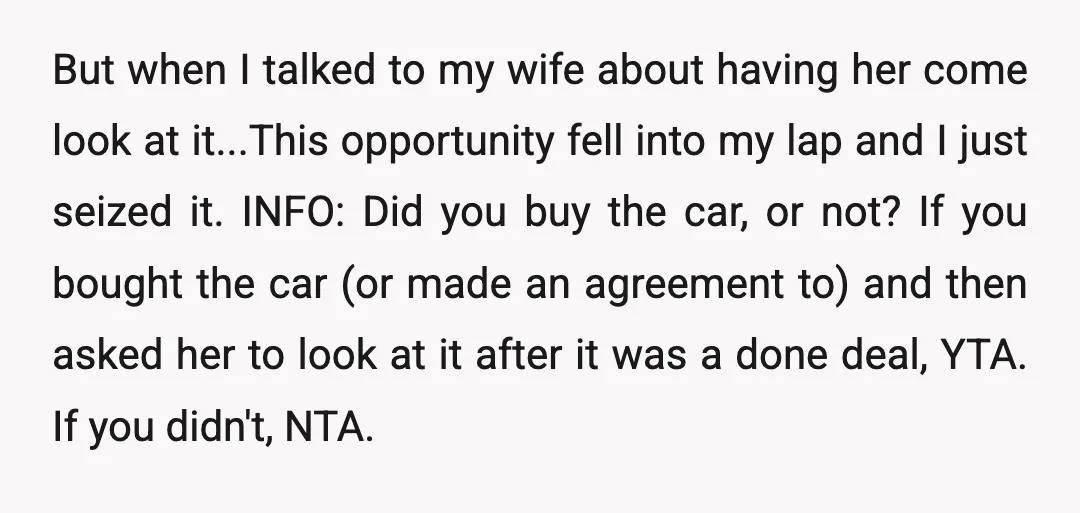 u/harrisxj NTA What she needs is a new car. You are providing that. What she wants is something more reliable; check! She should be grateful instead of being an AH....