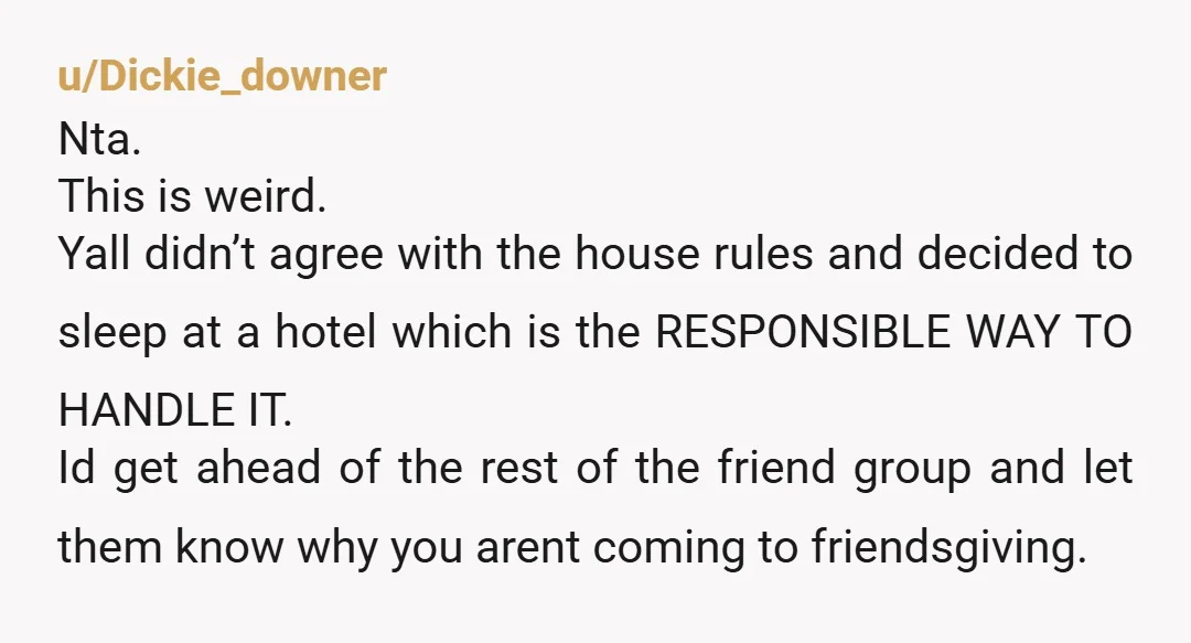 u/Dickie_downer Nta. This is weird. Yall didn’t agree with the house rules and decided to sleep at a hotel which is the RESPONSIBLE WAY TO HANDLE IT. Id get ahead...