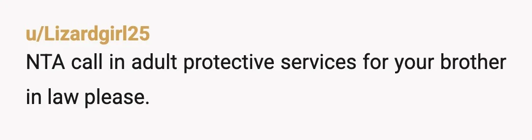 u/Lizardgirl25
NTA call in adult protective services for your brother in law please.