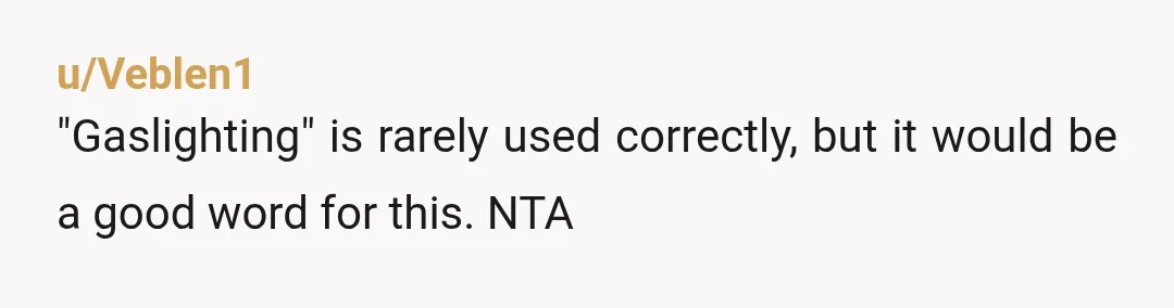 u/Veblen1
"Gaslighting" is rarely used correctly, but it would be a good word for this. NTA