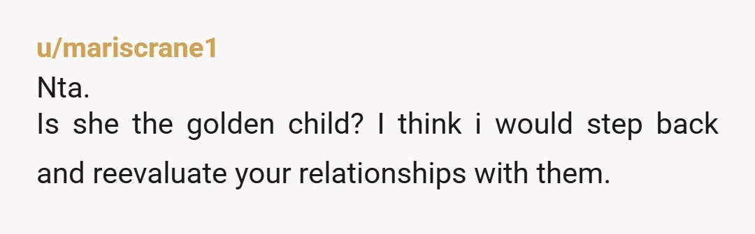 u/mariscrane1
Nta.
Is she the golden child? I think i would step back and reevaluate your relationships with them.