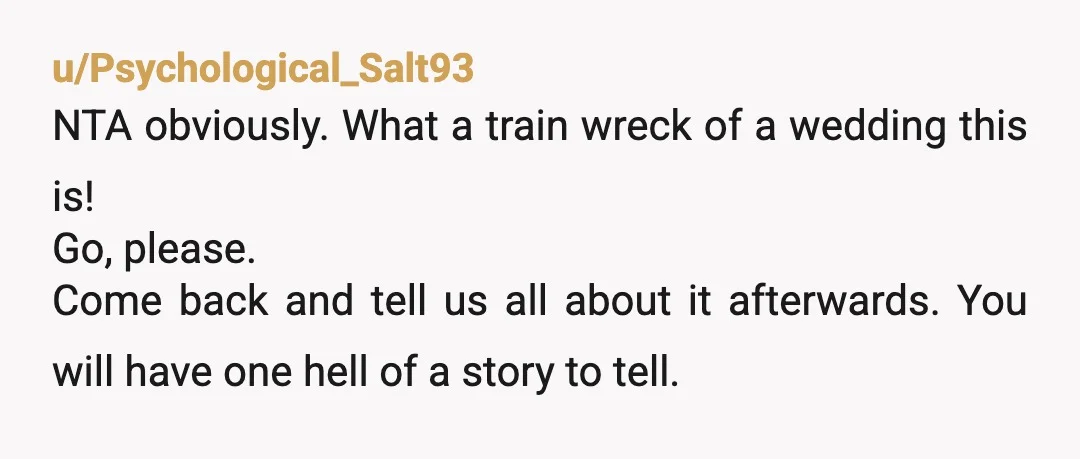 u/Psychological_Salt93 NTA obviously. What a train wreck of a wedding this is! Go, please. Come back and tell us all about it afterwards. You will have one hell of a...