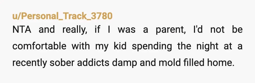 u/Personal_Track_3780
NTA and really, if I was a parent, I'd not be comfortable with my kid spending the night at a recently sober addicts damp and mold filled home.