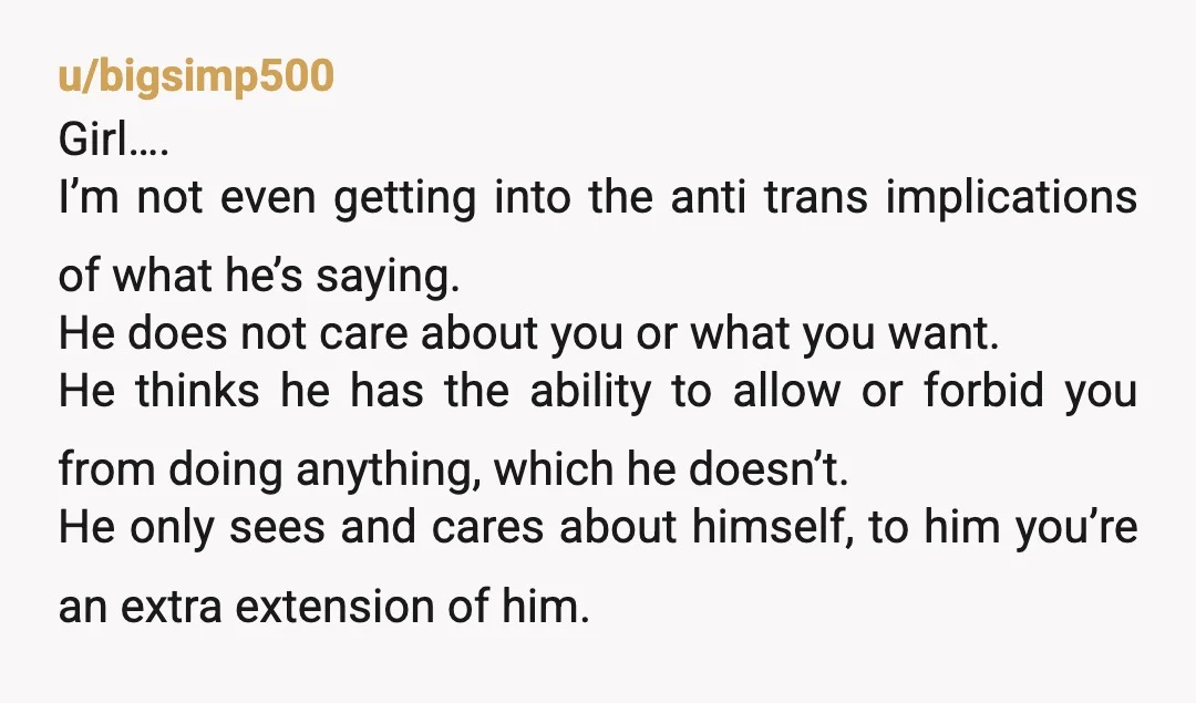 u/Professional-Gear974
Why just not have sex with him? Problem is solved and if you need to be satisfied by another human find one that will fit your needs