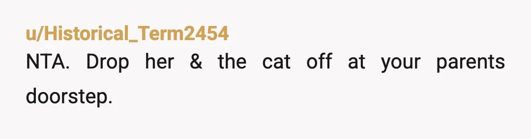 u/Historical_Term2454
NTA. Drop her & the cat off at your parents doorstep.