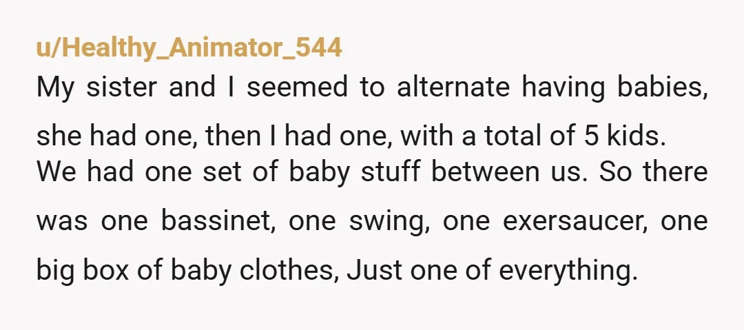 u/unimpressed-one Did anyone throw your sister a baby shower? Why would she not have these items already? Speaking as a parent, we tell you we don't mind storing your stuff...