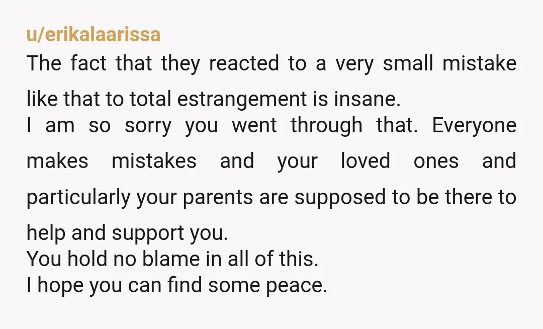 u/erikalaarissa The fact that they reacted to a very small mistake like that to total estrangement is insane. I am so sorry you went through that. Everyone makes mistakes and...