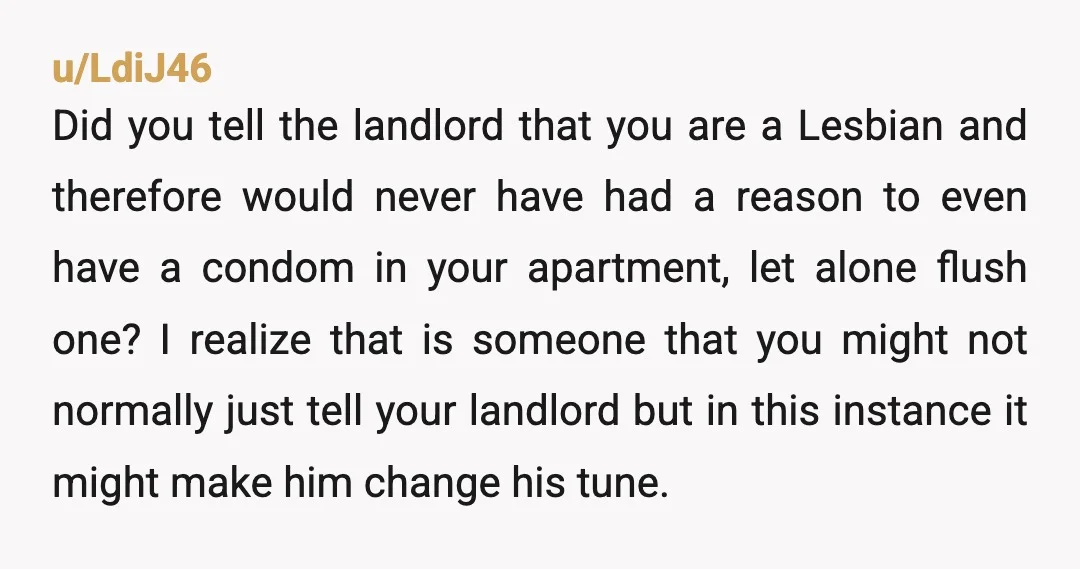 u/LdiJ46 Did you tell the landlord that you are a Lesbian and therefore would never have had a reason to even have a condom in your apartment, let alone flush...