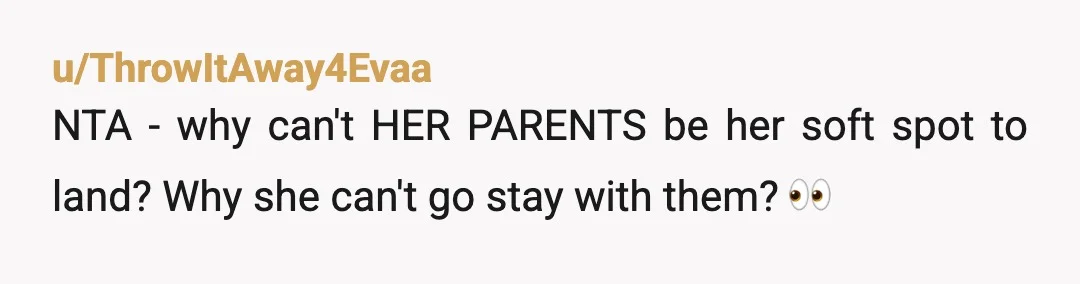 u/ThrowItAway4Evaa
NTA - why can't HER PARENTS be her soft spot to land? Why she can't go stay with them? 👀Â