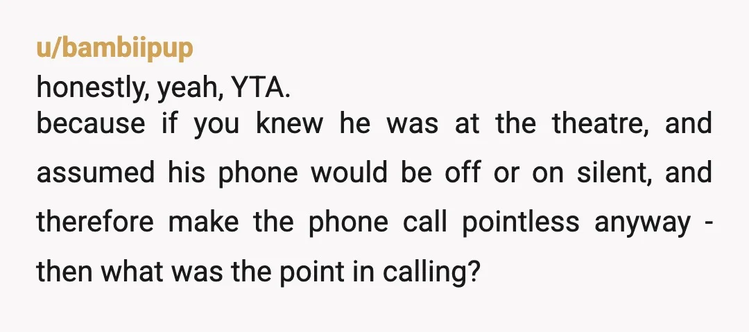u/bambiipup honestly, yeah, YTA. because if you knew he was at the theatre, and assumed his phone would be off or on silent, and therefore make the phone call pointless...