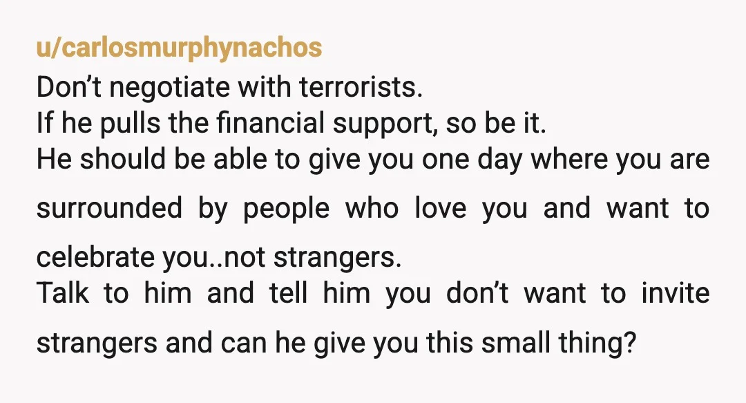 u/Ok_Row_2861 YTA, not because you don't want to invite these common strangers and their banshee of a mother. YTA because you'd rather have a wedding that you can't afford, relying...