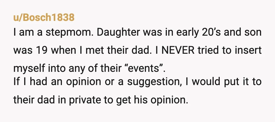 u/Wild_Personality8897 Your Dad watched her hit your kid and is on her side. I’d go no contact with Dad and Stepmother. Tell everyone that got the sanitized version that they...
