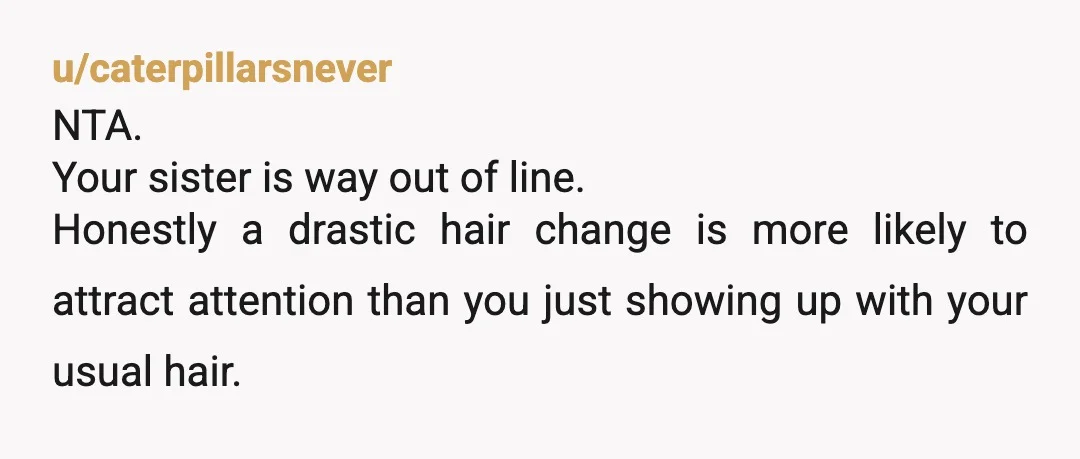 u/caterpillarsnever
NTA.
Your sister is way out of line.
Honestly a drastic hair change is more likely to attract attention than you just showing up with your usual hair.