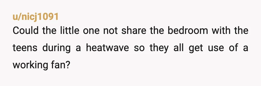 u/nicj1091
Could the little one not share the bedroom with the teens during a heatwave so they all get use of a working fan?