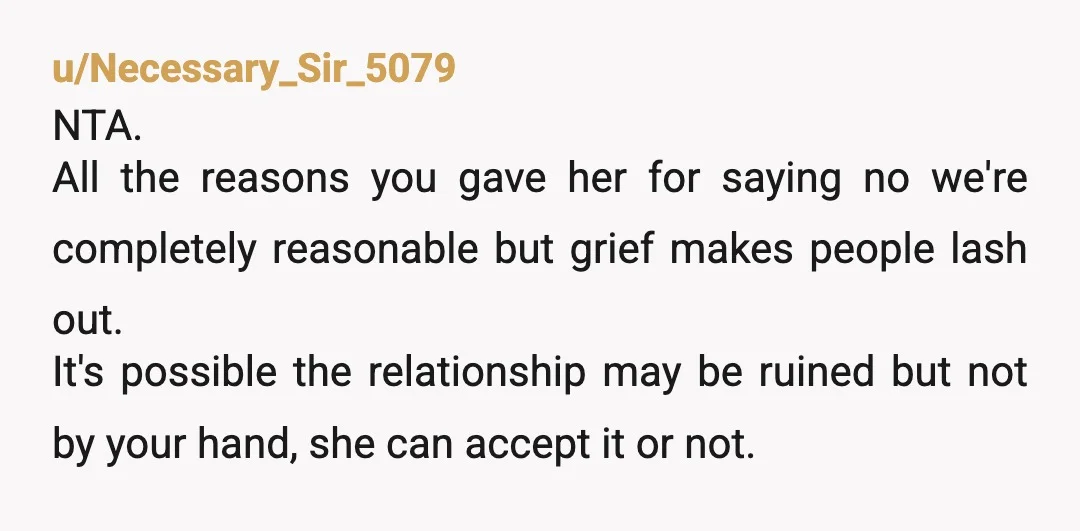 u/Necessary_Sir_5079 NTA. All the reasons you gave her for saying no we're completely reasonable but grief makes people lash out. It's possible the relationship may be ruined but not by...