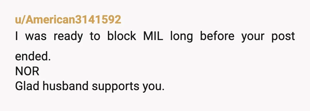 u/American3141592
I was ready to block MIL long before your post ended.
NOR
Glad husband supports you.