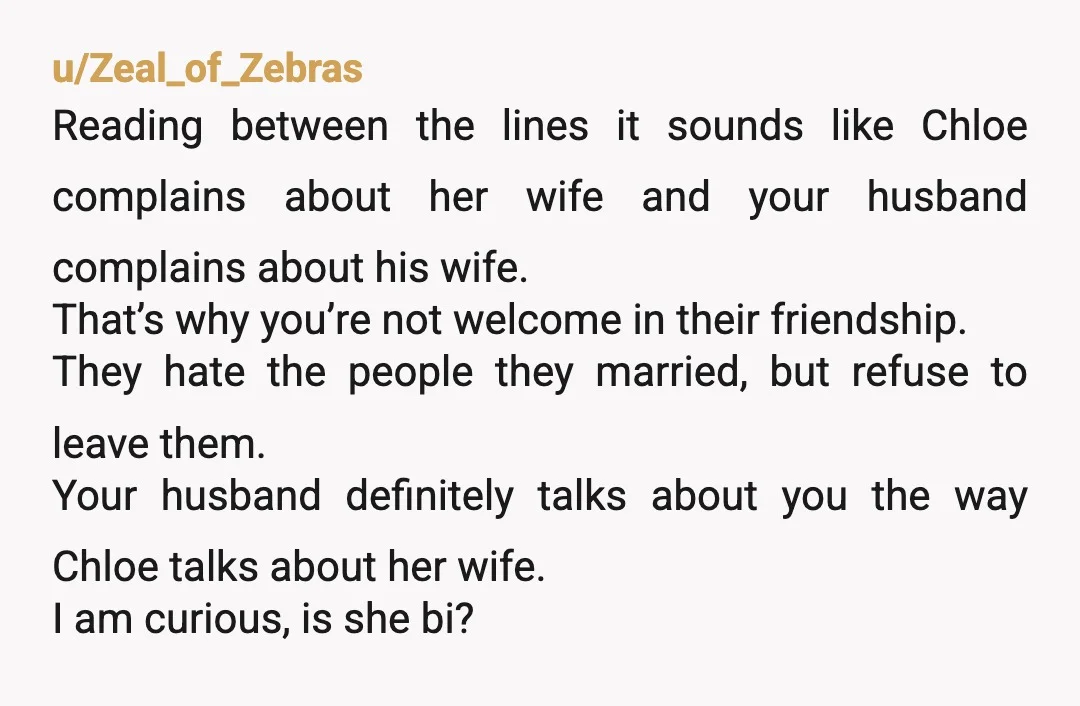 u/Zeal_of_Zebras Reading between the lines it sounds like Chloe complains about her wife and your husband complains about his wife. That’s why you’re not welcome in their friendship. They hate...
