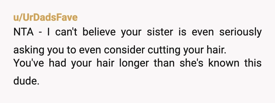 u/UrDadsFave
NTA - I can't believe your sister is even seriously asking you to even consider cutting your hair.
You've had your hair longer than she's known this dude.