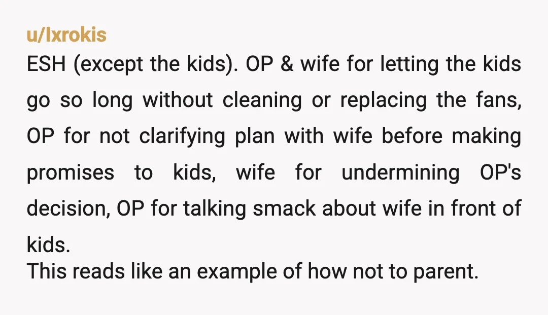 u/Ixrokis ESH (except the kids). OP & wife for letting the kids go so long without cleaning or replacing the fans, OP for not clarifying plan with wife before making...