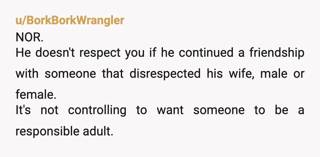 u/BorkBorkWrangler NOR. He doesn't respect you if he continued a friendship with someone that disrespected his wife, male or female. It's not controlling to want someone to be a responsible...