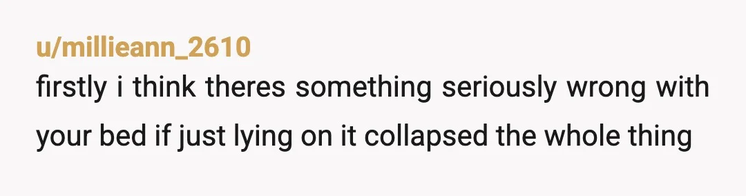 u/millieann_2610 firstly i think theres something seriously wrong with your bed if just lying on it collapsed the whole thing i also think it is a d*** move to call...