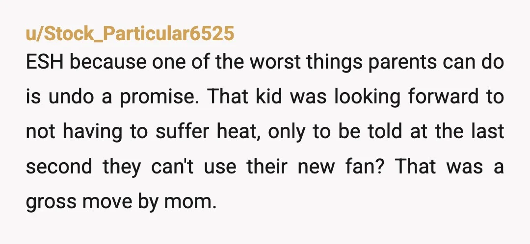 u/Stock_Particular6525 ESH because one of the worst things parents can do is undo a promise. That kid was looking forward to not having to suffer heat, only to be told...