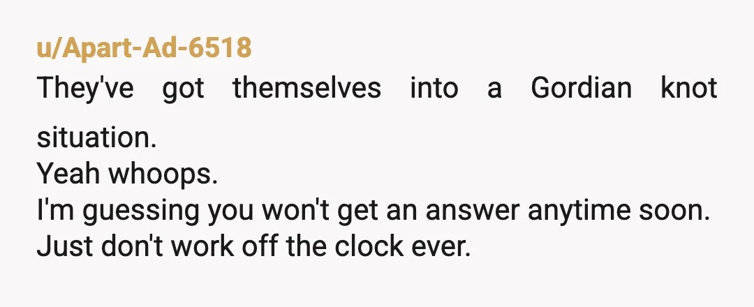 u/Apart-Ad-6518
They've got themselves into a Gordian knot situation.
Yeah whoops.Â
I'm guessing you won't get an answer anytime soon.
Just don't work off the clock ever.Â