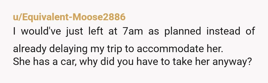 u/Signal_Resolve_5773
If she had a car the entire time why wouldnt she just drive herself to begin with?