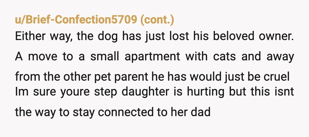 u/Beneficial-Guess2140 NTA, he’s your dog too. She didn’t care about him until she came there, has never had a relationship with the dog. He’s used to your home, and his...