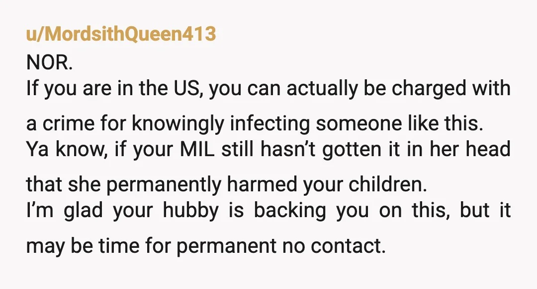u/Green-Dragon-14
Cold sores can literally kill babies & small children.
It would be a cold day in hell before she got near my kids again.