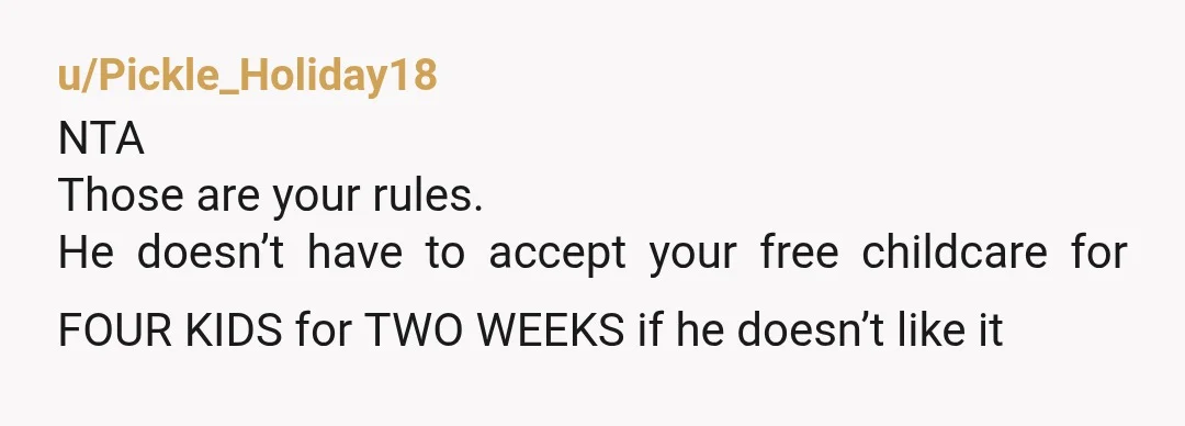 u/Pickle_Holiday18
NTA
Those are your rules.
He doesn’t have to accept your free childcare for FOUR KIDS for TWO WEEKS if he doesn’t like it