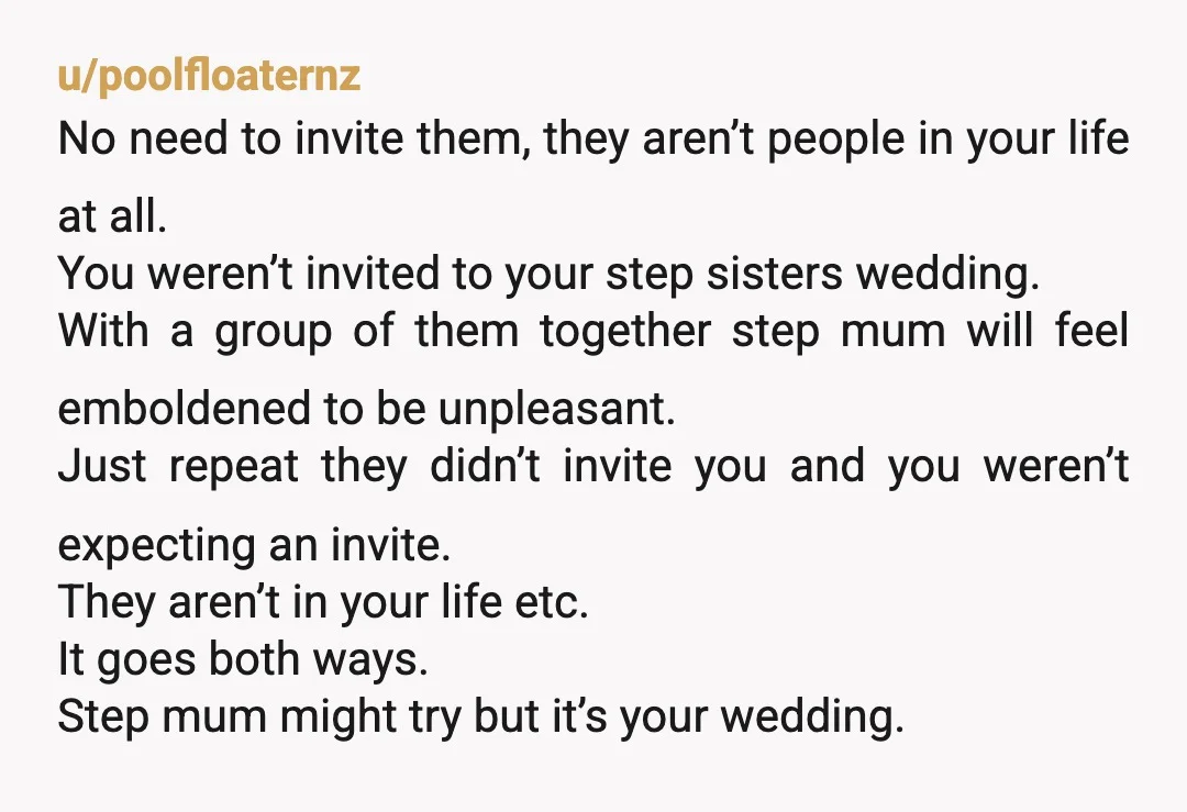 u/Dangerous_Ad5296 If you're accepting your dad's money to pay for the majority of the wedding this is the price for it. You also have the choice of refusing his assistance...