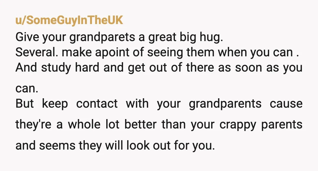 u/SomeGuyInTheUK Give your grandparets a great big hug. Several. make apoint of seeing them when you can . And study hard and get out of there as soon as you...